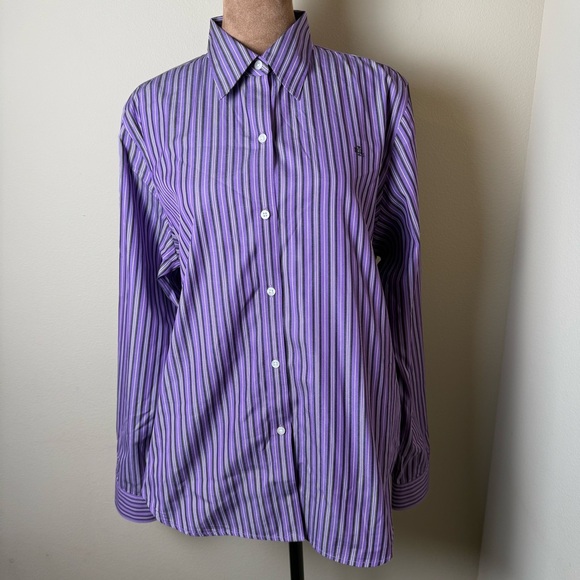 Lauren Ralph Lauren LRL Button Down Shirt Womens Large Purple Stripe Top Blouse - Picture 2 of 7